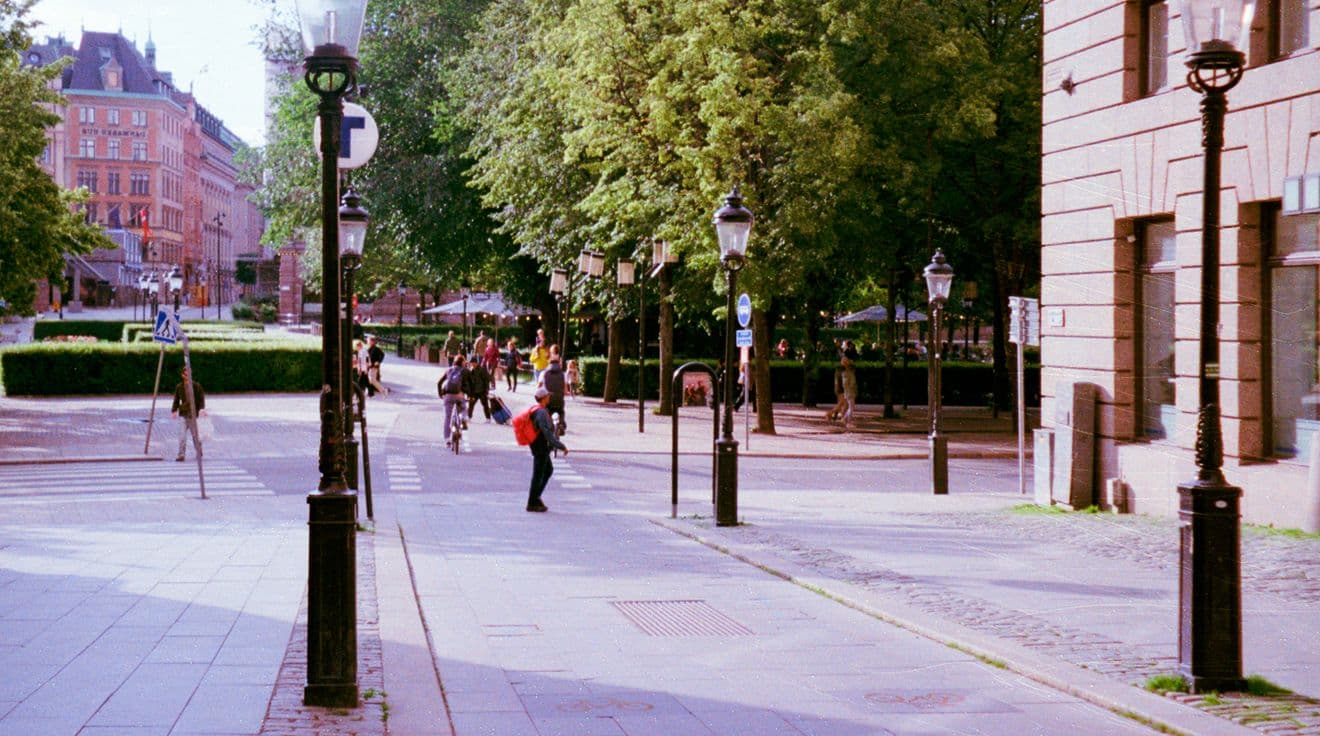 Gågata med träd, lyktstolpar, byggnader och människor.